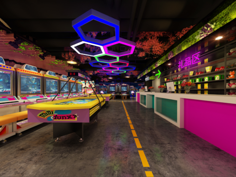  工业风电玩城游戏厅全景3d模型 