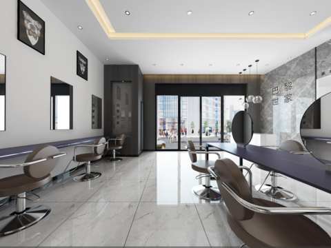  现代美发店全景3d模型 