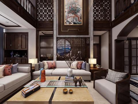  新中式别墅客厅餐厅全景3d模型 