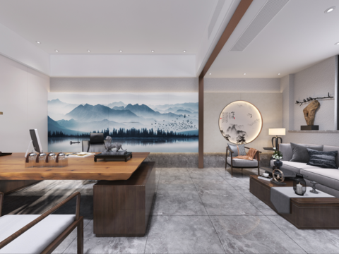  新中式董事长办公室全景3d模型 