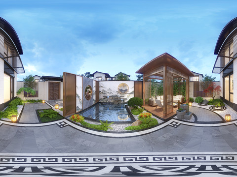  新中式庭院景观vr全景3d模型 