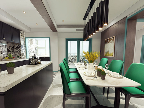  现代餐厅厨房全景3D模型 