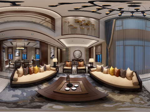  新中式别墅客厅全景3D模型 