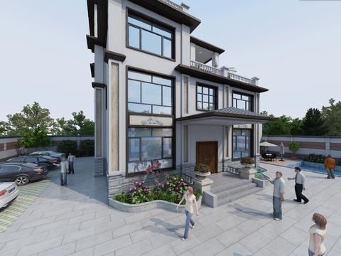  新中式别墅外观全景3d模型 