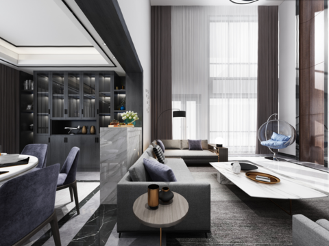  现代简约中空别墅客餐厅全景3D模型 