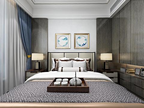  新中式卧室老人房客餐厅全景3d模型 