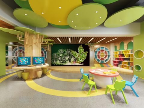  现代幼儿园图书馆阅读室vr全景3d模型 