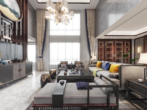  新中式别墅客厅vr全景3d模型 