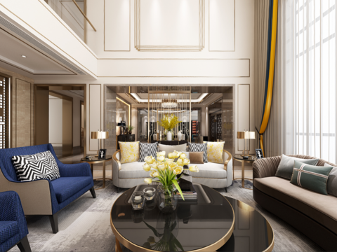  后现代别墅客厅餐厅全景3d模型 