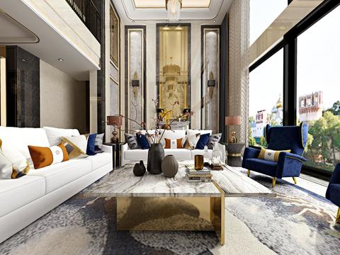  简欧别墅客厅餐厅全景3d模型 