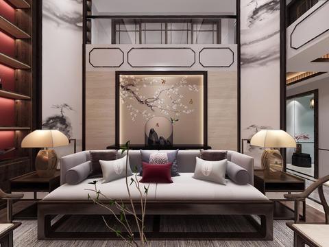  新中式别墅会客厅茶室麻将室全景3d模型 