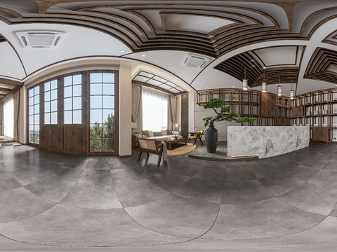  新中式办公室前台大厅cr全景3d模型 