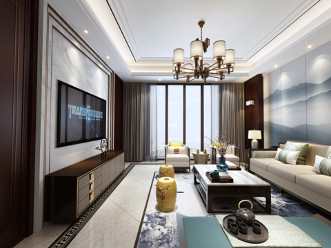  新中式客厅餐厅全景3D模型 
