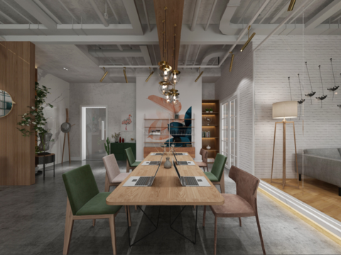  工业风办公室全景3d模型 