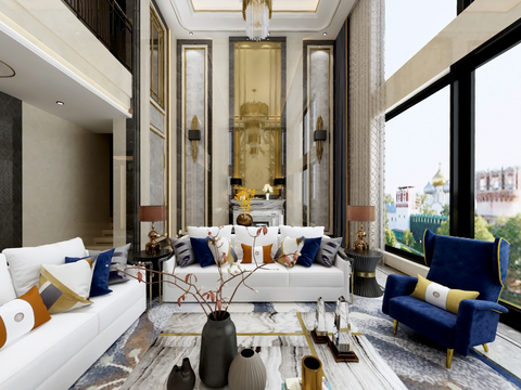  新中式轻奢别墅大堂vr全景3d模型 