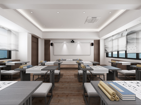  新中式教室全景3d模型 