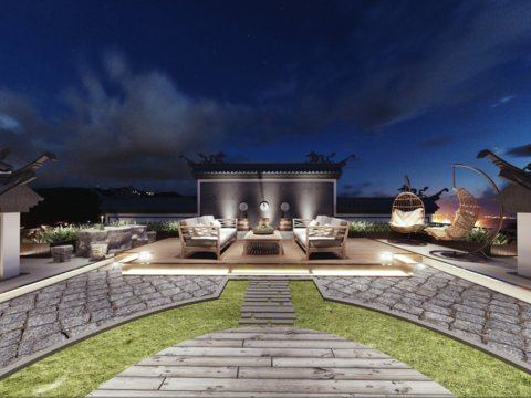  新中式楼顶露台花园全景3d模型 
