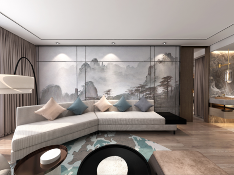  新中式酒店套房全景3d模型 