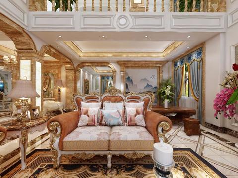  欧式别墅客厅餐厅全景3D模型 