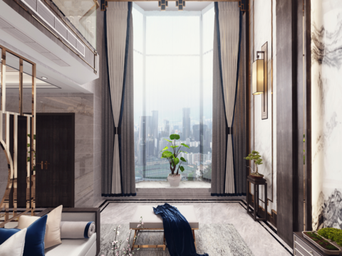  新中式别墅客厅餐厅全景3d模型 