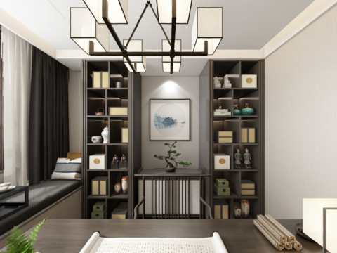  新中式书房vr全景3d模型 