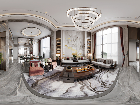  新中式别墅客餐厅vr全景3d模型 