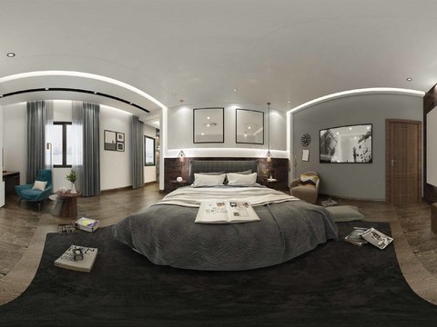  现代卧室衣帽间书房全景3D模型 