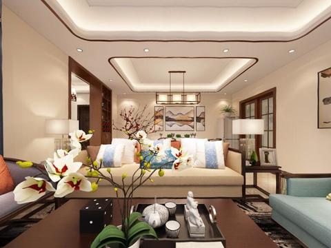  新中式客厅餐厅玄关过道全景3D模型 