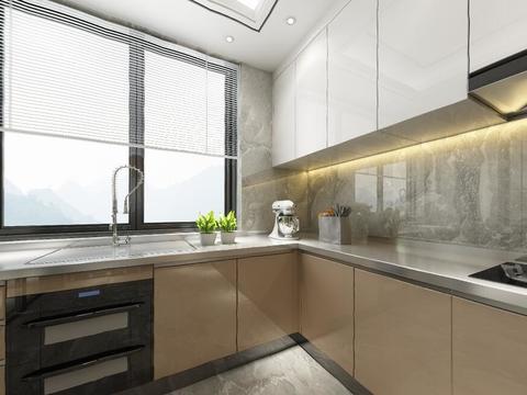  现代厨房橱柜全景3D模型 