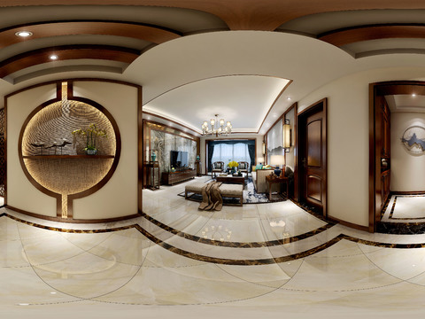  新中式客厅餐厅全景3D模型 