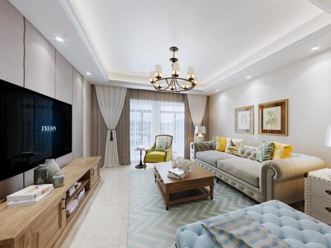  美式客厅客厅餐厅全景3D模型 