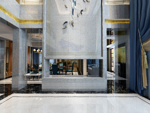  新中式别墅客厅玄关3D模型 