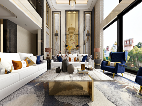  后现代别墅客厅餐厅全景3d模型 