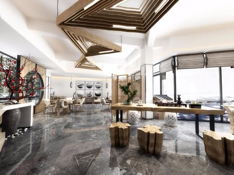  新中式民宿茶室全景3D模型 