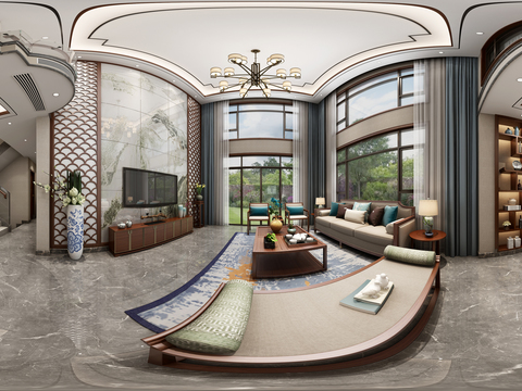  新中式别墅客厅餐厅全景3D模型 