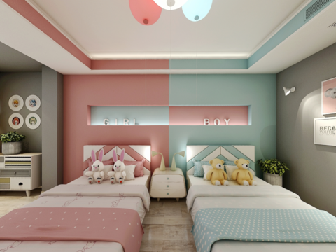  北欧卧室儿童房全景3d模型 