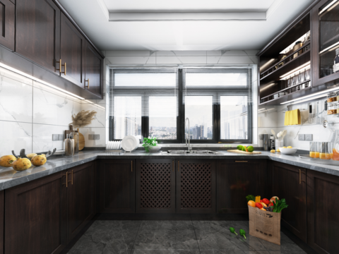  新中式厨房橱柜vr全景3d模型 