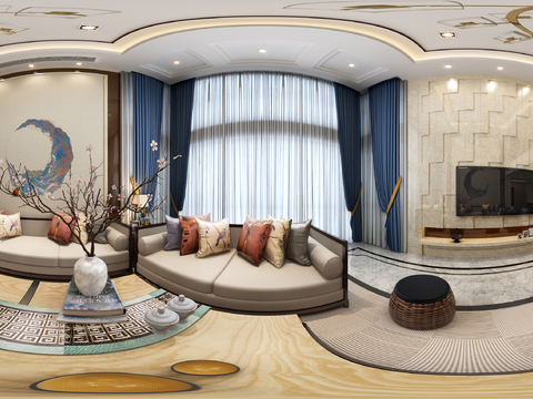  新中式别墅客厅餐厅3D模型 