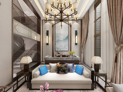  新中式别墅客厅餐厅全景3D模型 