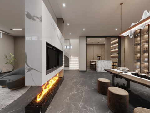  新中式地下茶室会客厅vr全景3d模型 