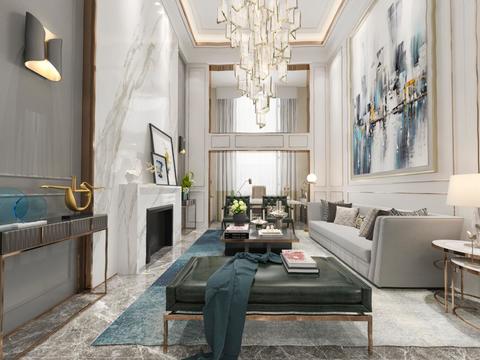  欧式别墅客厅餐厅全景3D模型 