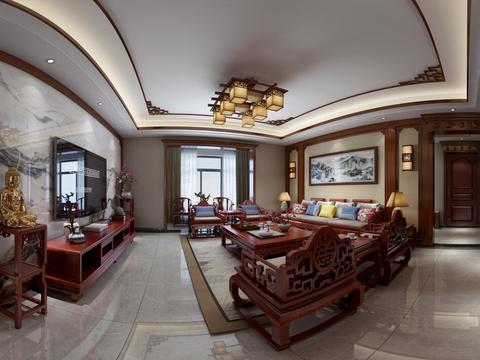  中式客厅餐厅全景3D模型 