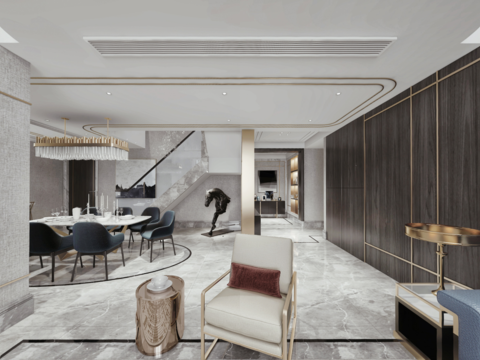  现代别墅客厅餐厅VR全景3D模型 