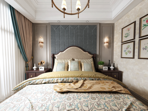  美式卧室主人房vr全景3d模型 