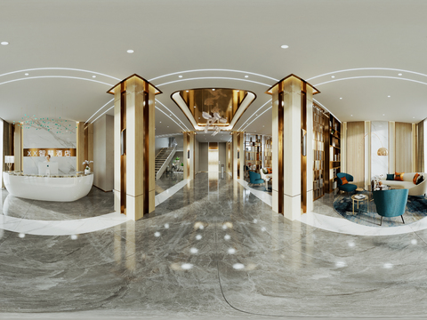  轻奢风酒店大堂vr全景3d模型 