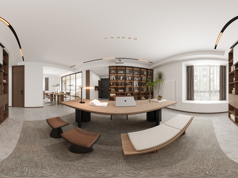 原木风书房 餐厅cr全景3d模型 
