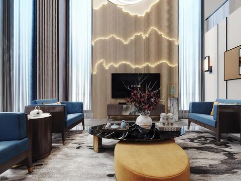  新中式别墅客厅vr全景3d模型 