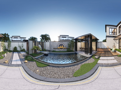  新中式别墅庭院花园cr全景3d模型 