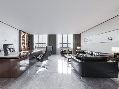  新中式董事长办公室vr全景3d模型 