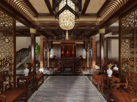  新中式别墅客厅全景3d模型 